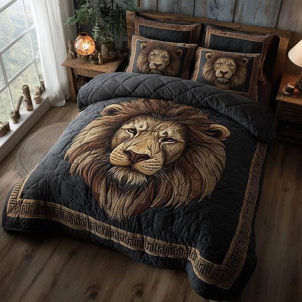 Majestic Lion quilted 3-piece bedding set on a made bed with two matching pillow shams