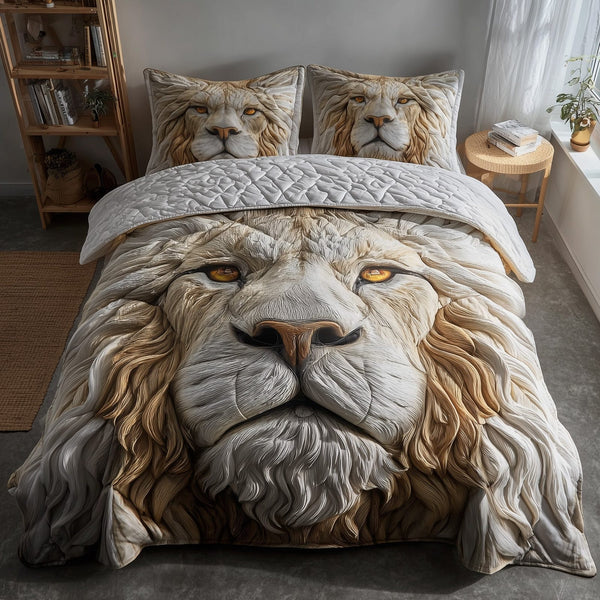 Majestic Lion quilted 3-piece bedding set on a made bed with two matching pillow shams