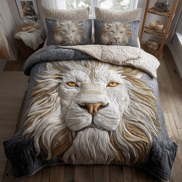 Majestic Lion quilted 3-piece bedding set on a made bed with two matching pillow shams
