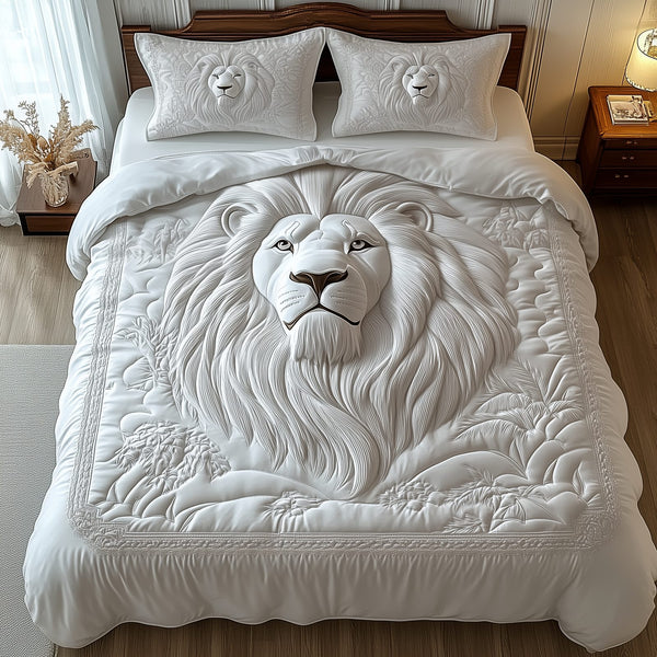 Majestic Lion quilted 3-piece bedding set on a made bed with two matching pillow shams