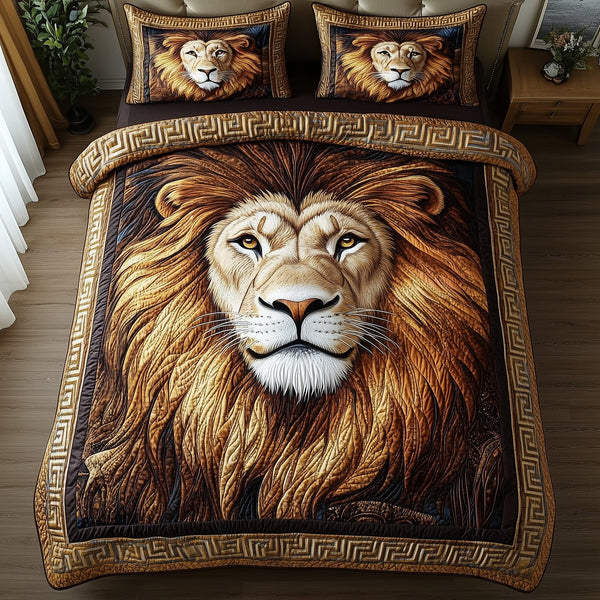 Majestic Lion quilted 3-piece bedding set on a made bed with two matching pillow shams