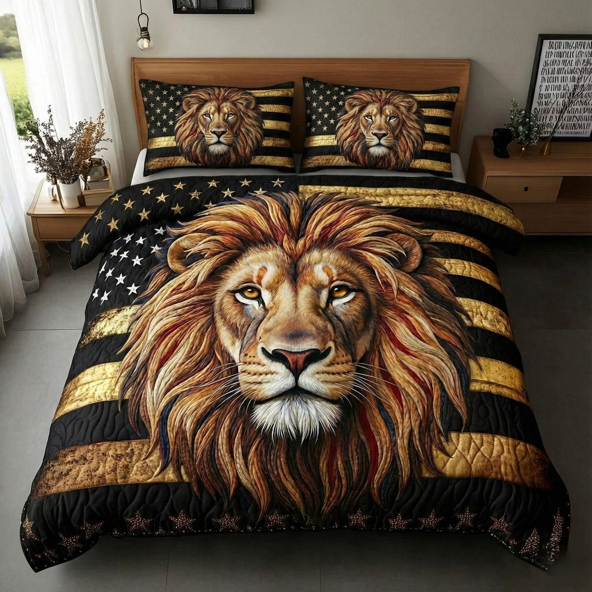 Majestic Lion quilted 3-piece bedding set on a made bed with two matching pillow shams