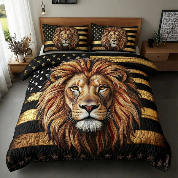 Majestic Lion quilted 3-piece bedding set on a made bed with two matching pillow shams