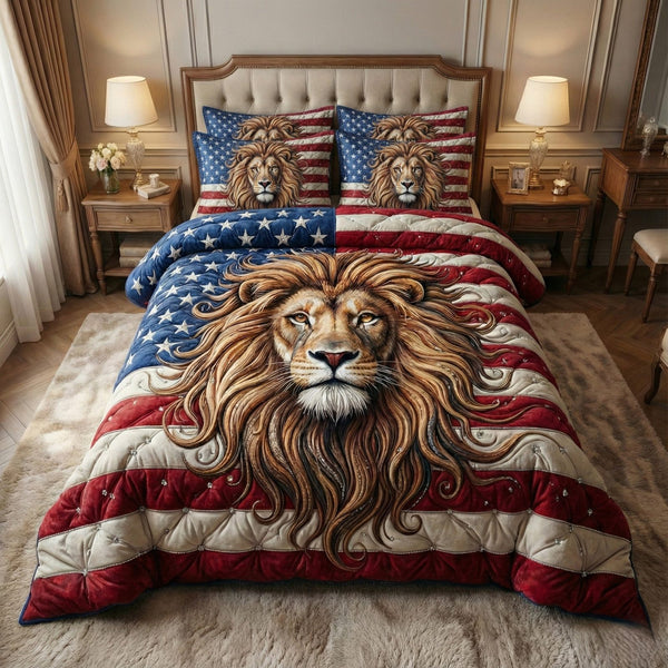 Majestic Lion quilted 3-piece bedding set on a made bed with two matching pillow shams