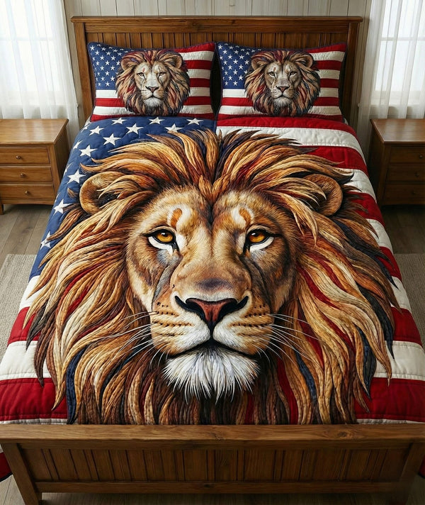 Majestic Lion quilted 3-piece bedding set on a made bed with two matching pillow shams