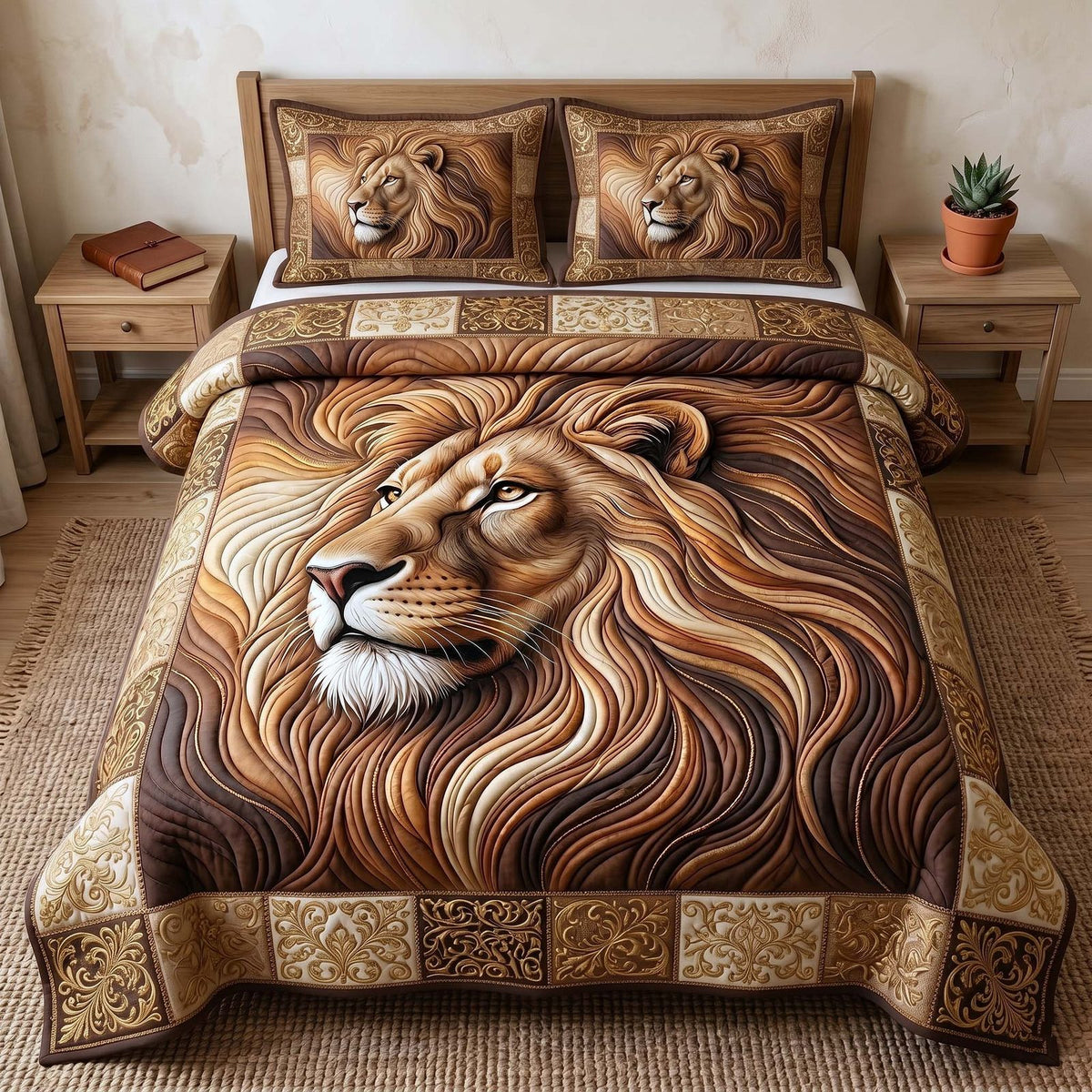 Majestic Lion quilted 3-piece bedding set on a made bed with two matching pillow shams