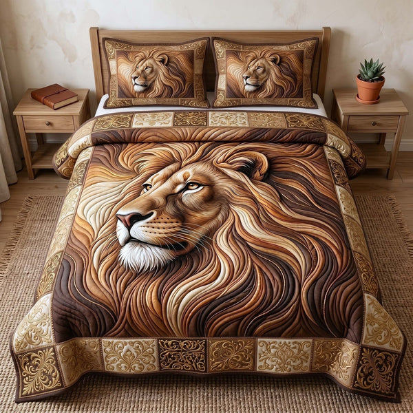 Majestic Lion quilted 3-piece bedding set on a made bed with two matching pillow shams