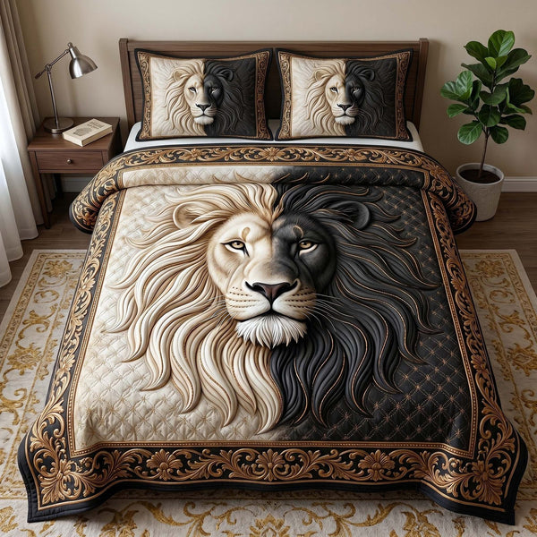 Majestic Lion quilted 3-piece bedding set on a made bed with two matching pillow shams