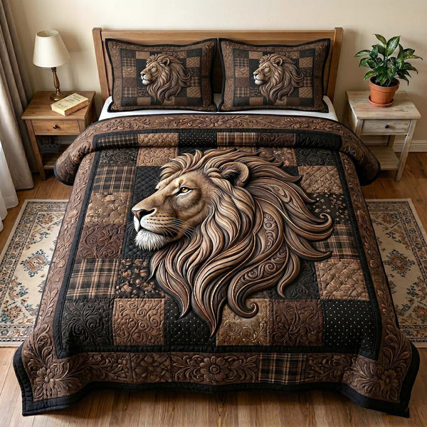 Majestic Lion quilted 3-piece bedding set on a made bed with two matching pillow shams