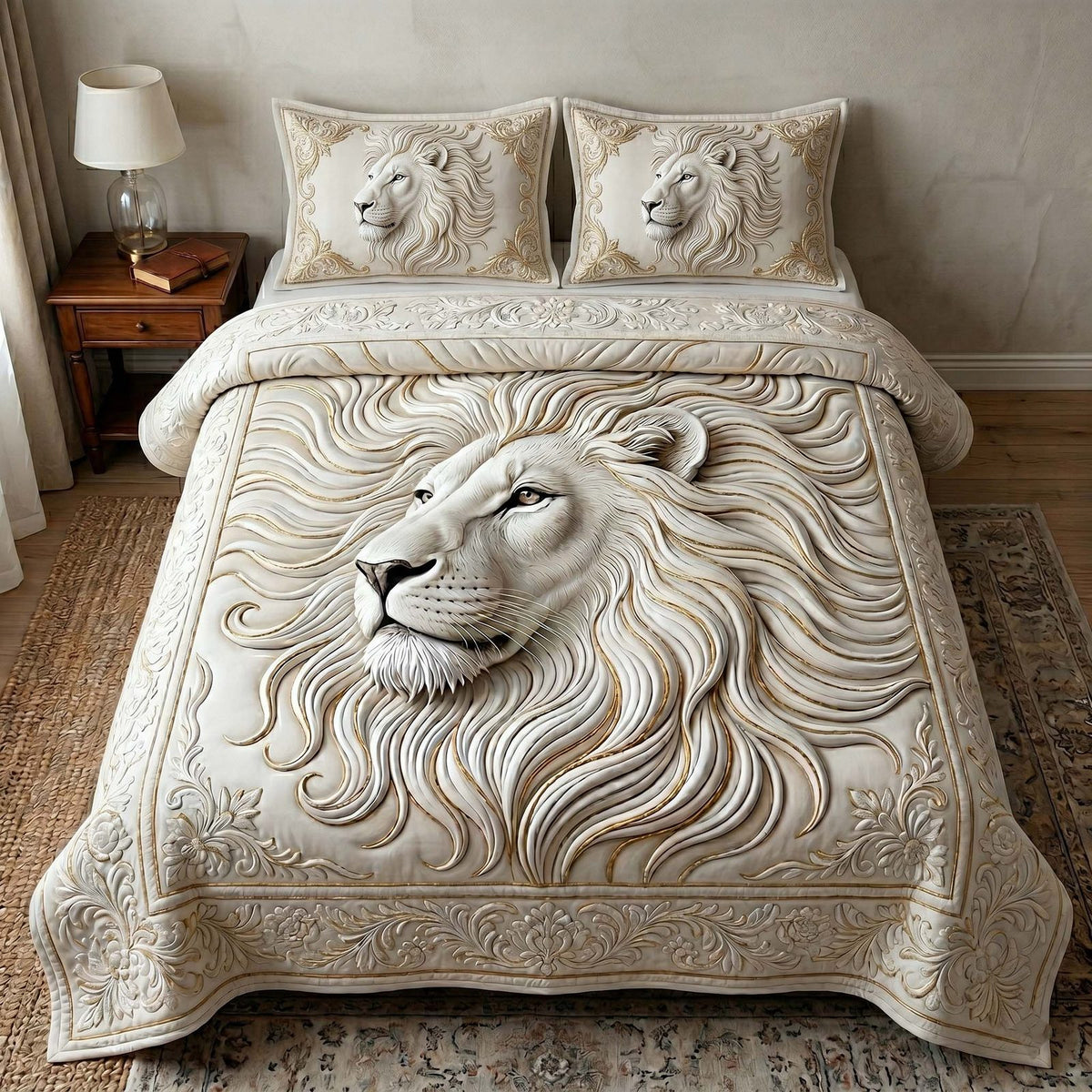 Majestic Lion quilted 3-piece bedding set on a made bed with two matching pillow shams