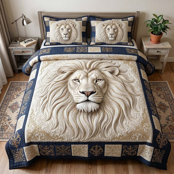 Majestic Lion quilted 3-piece bedding set on a made bed with two matching pillow shams