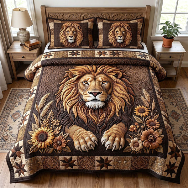 Majestic Lion quilted 3-piece bedding set on a made bed with two matching pillow shams