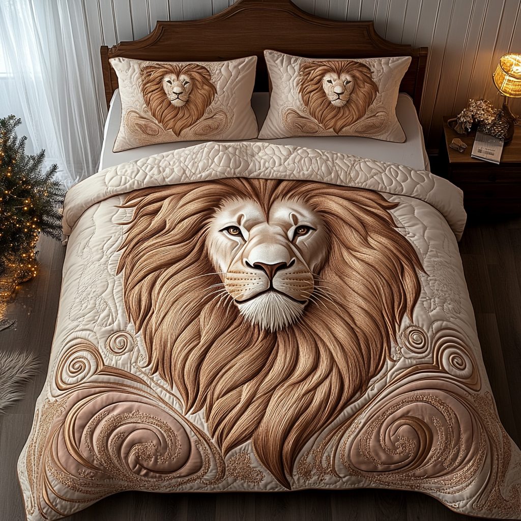 Majestic Lion quilted 3-piece bedding set on a made bed with two matching pillow shams