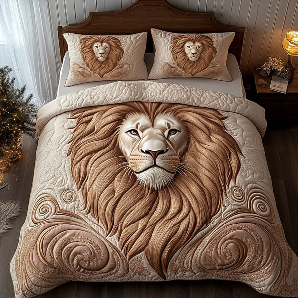 Majestic Lion quilted 3-piece bedding set on a made bed with two matching pillow shams
