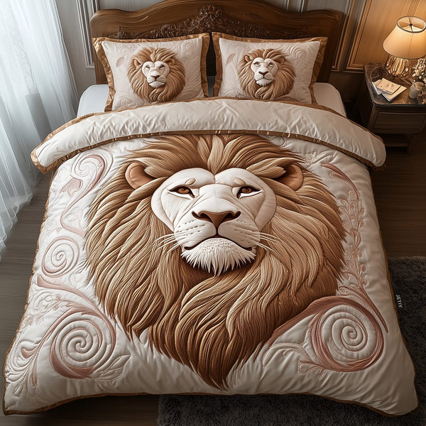 Majestic Lion quilted 3-piece bedding set on a made bed with two matching pillow shams