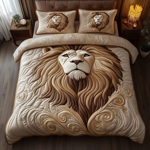 Majestic Lion quilted 3-piece bedding set on a made bed with two matching pillow shams