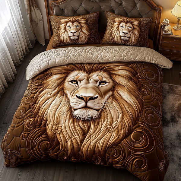 Majestic Lion quilted 3-piece bedding set on a made bed with two matching pillow shams