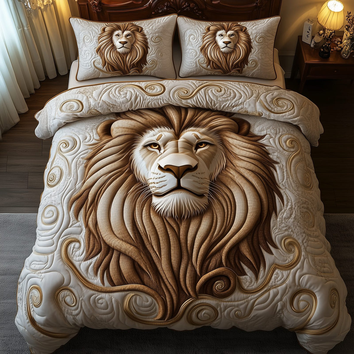 Majestic Lion quilted 3-piece bedding set on a made bed with two matching pillow shams