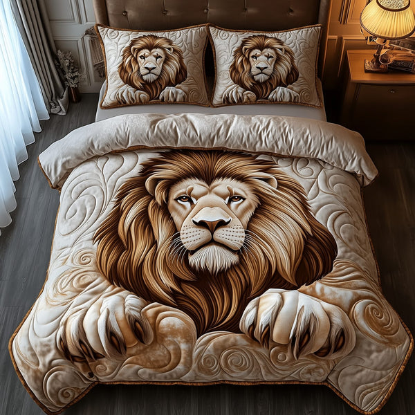 Majestic Lion quilted 3-piece bedding set on a made bed with two matching pillow shams