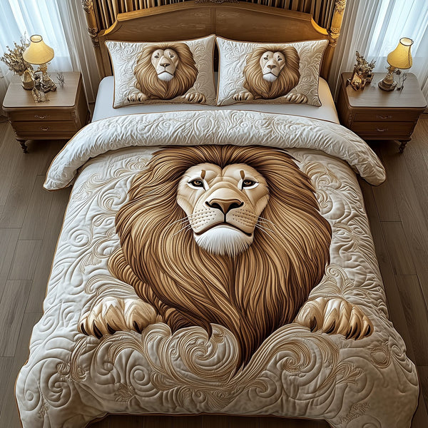 Majestic Lion quilted 3-piece bedding set on a made bed with two matching pillow shams