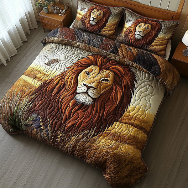 Majestic Lion quilted 3-piece bedding set on a made bed with two matching pillow shams