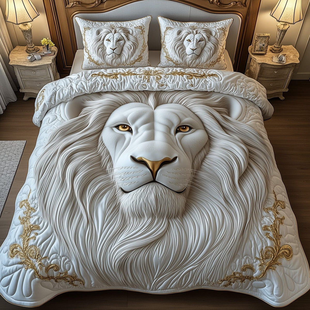 Majestic Lion quilted 3-piece bedding set on a made bed with two matching pillow shams