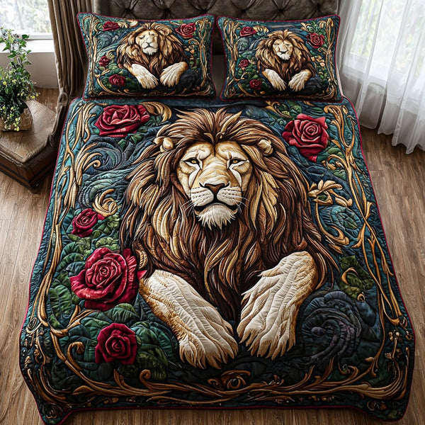 Majestic Lion quilted 3-piece bedding set on a made bed with two matching pillow shams