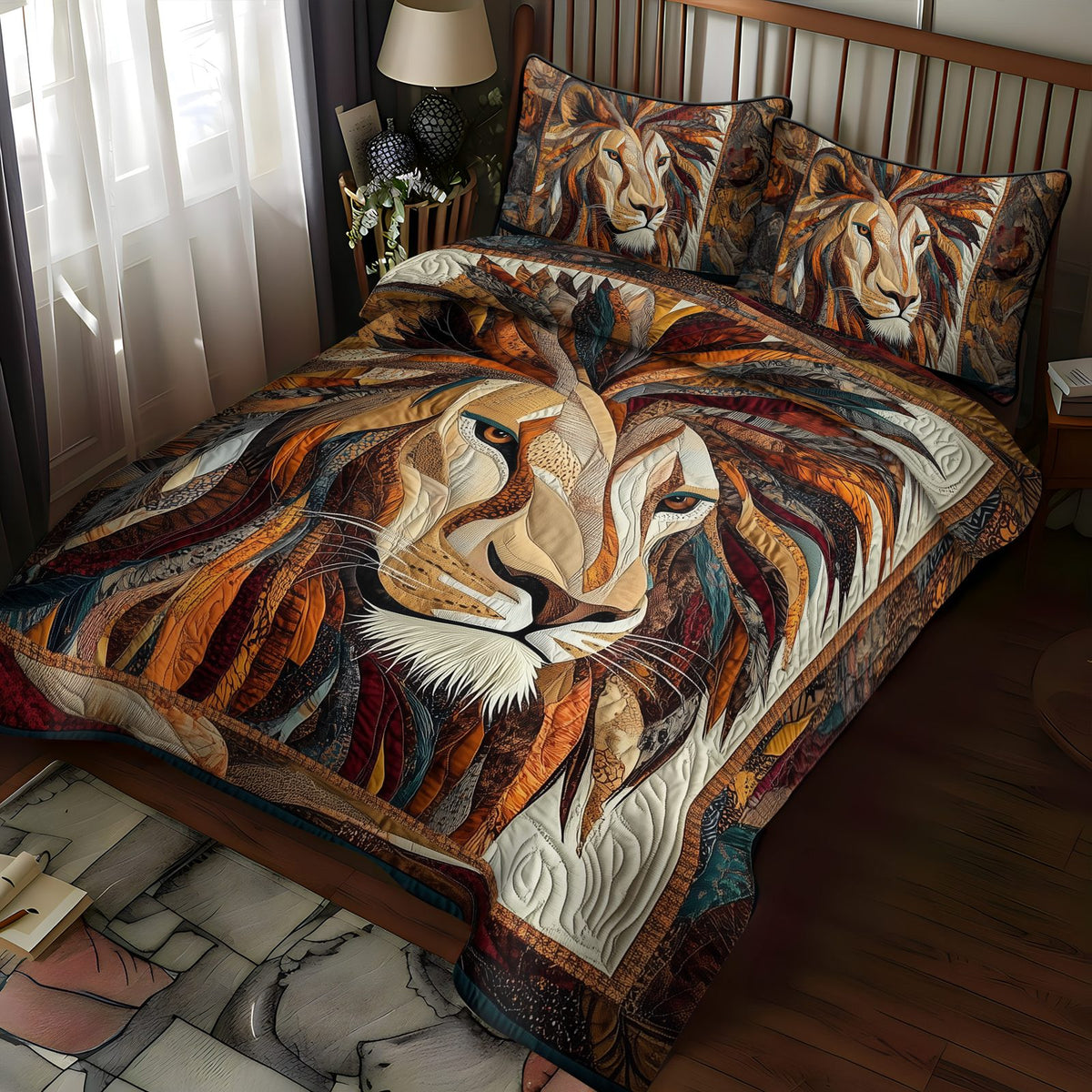 Majestic Mane quilted 3-piece bedding set on a made bed with two matching pillow shams