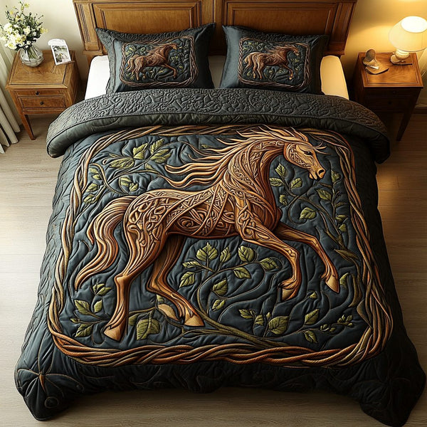 Majestic Mane quilted 3-piece bedding set on a made bed with two matching pillow shams