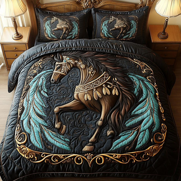 Majestic Mane quilted 3-piece bedding set on a made bed with two matching pillow shams