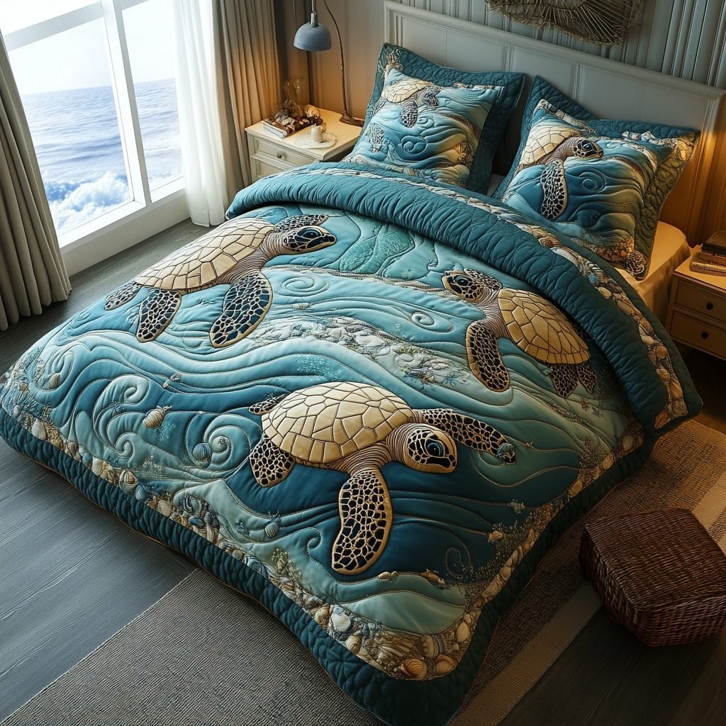 Majestic Mariner quilted 3-piece bedding set on a made bed in a warmly lit bedroom