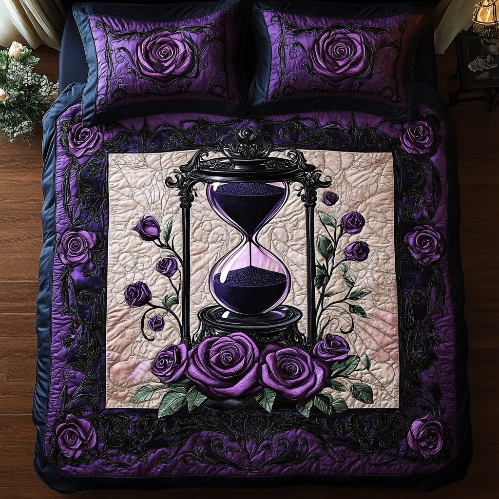 Majestic Mauve Roses quilted 3-piece bedding set on a made bed with two matching pillow shams