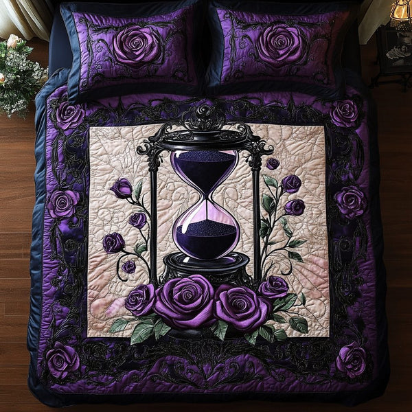 Majestic Mauve Roses quilted 3-piece bedding set on a made bed with two matching pillow shams