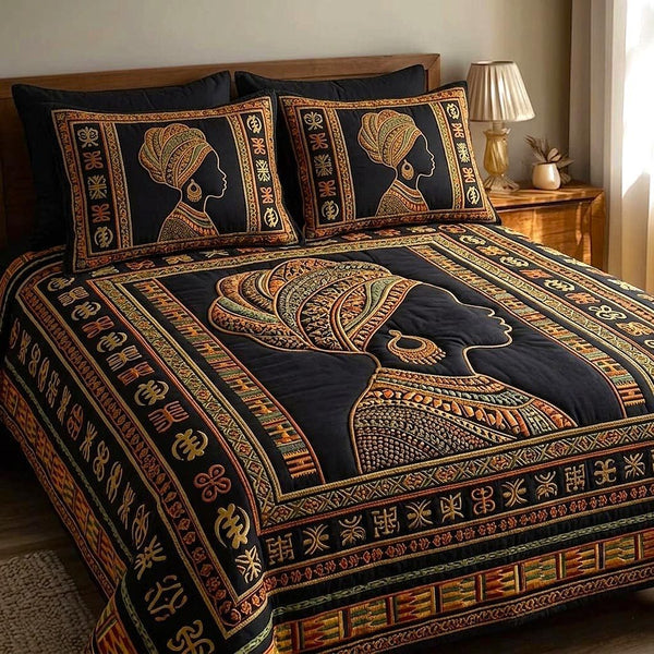 Majestic Melanin quilted 3-piece bedding set on a made bed with two matching pillow shams