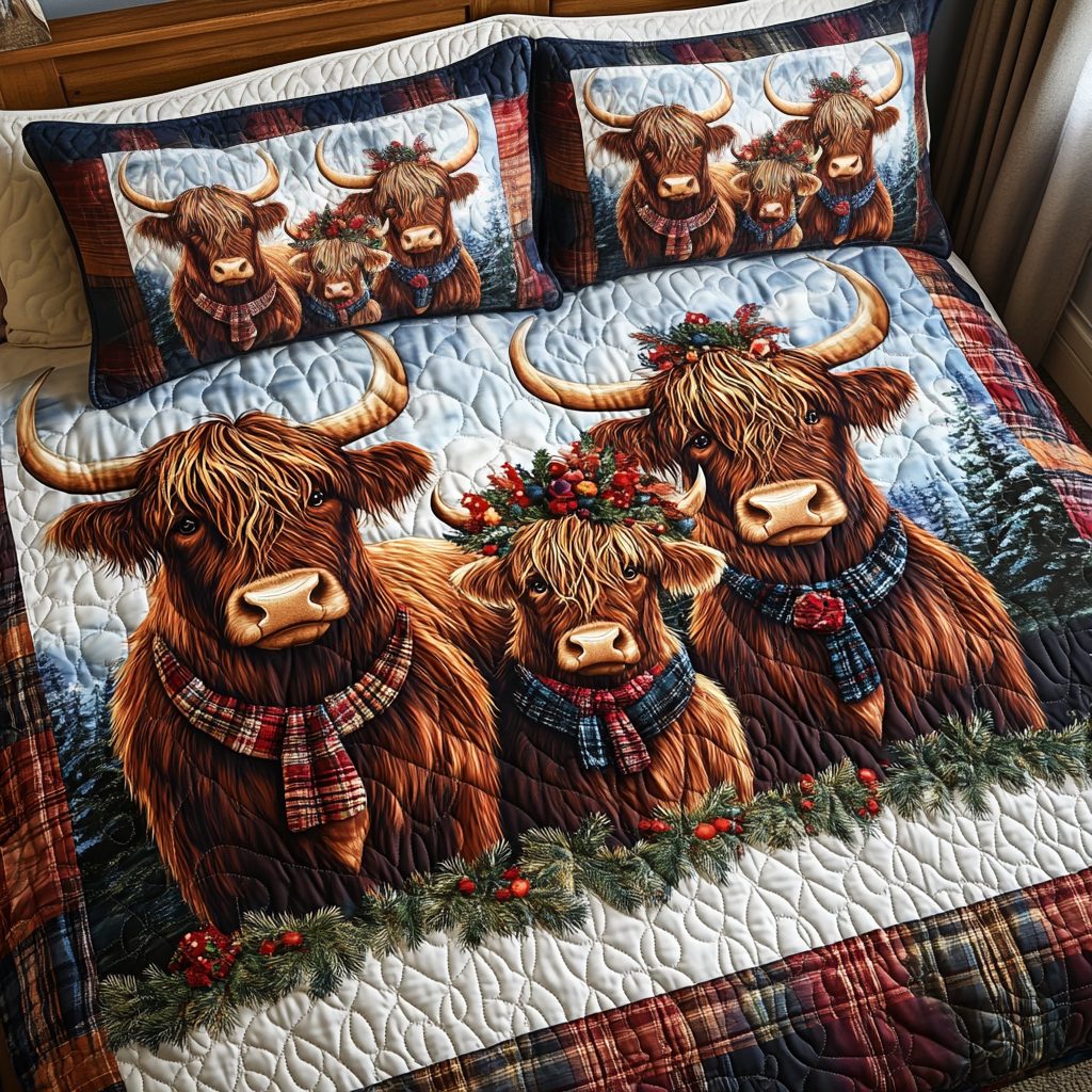 Majestic Moo quilted 3-piece bedding set on a made bed with two matching pillow shams