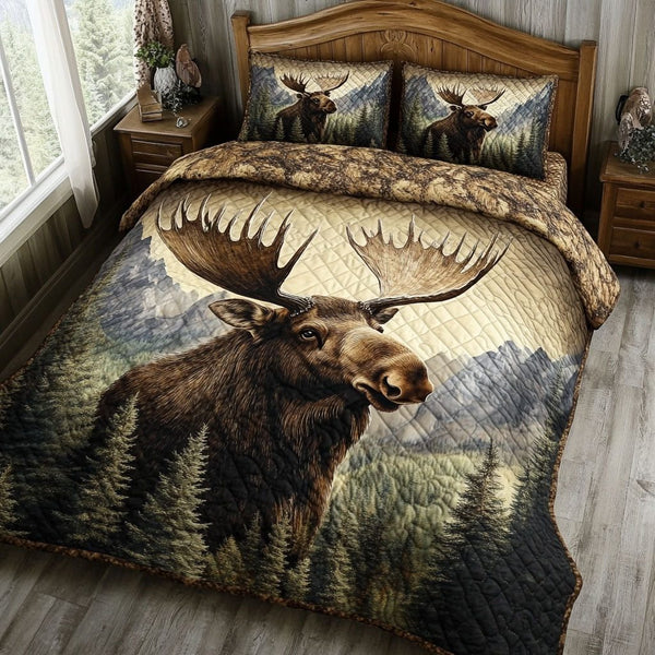 Majestic Moose Haven quilted 3-piece bedding set on a made bed with two matching pillow shams