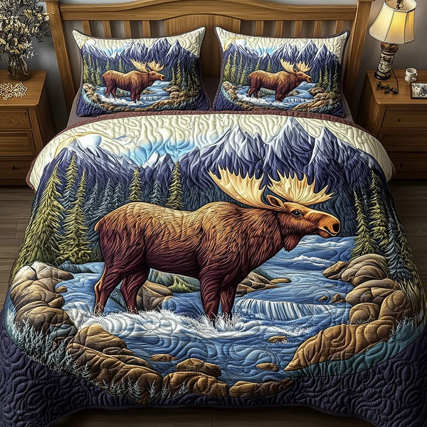 Majestic Moose quilted 3-piece bedding set on a made bed with two matching pillow shams