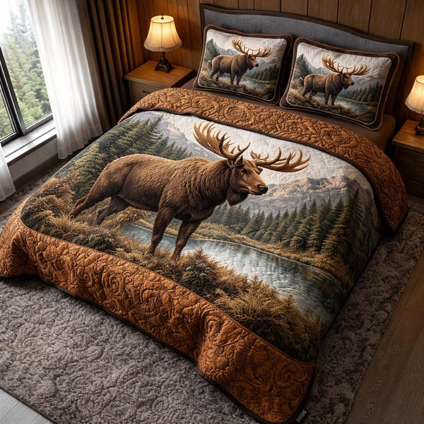 Majestic Moose quilted 3-piece bedding set on a made bed with two matching pillow shams