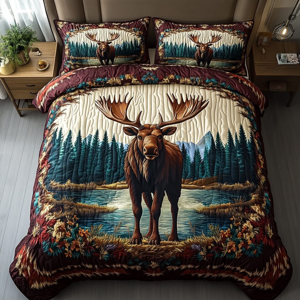 Majestic Moose quilted 3-piece bedding set on a made bed with two matching pillow shams