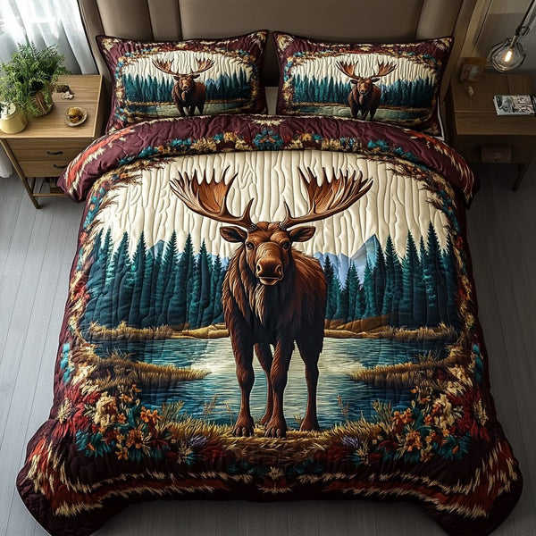 Majestic Moose quilted 3-piece bedding set on a made bed with two matching pillow shams