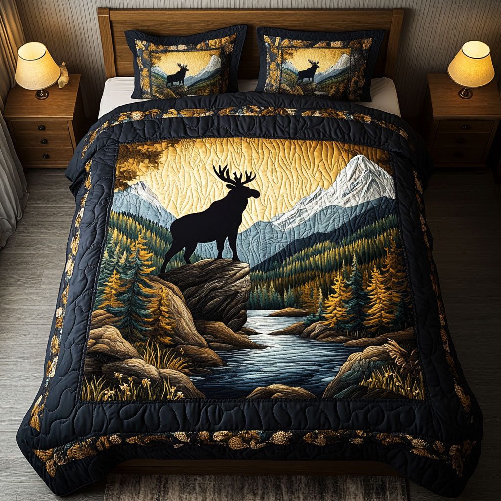 Majestic Moose quilted 3-piece bedding set on a made bed with two matching pillow shams