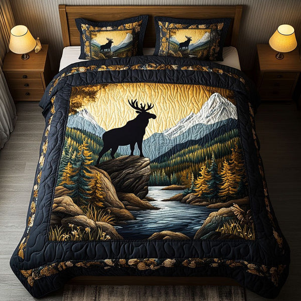 Majestic Moose quilted 3-piece bedding set on a made bed with two matching pillow shams