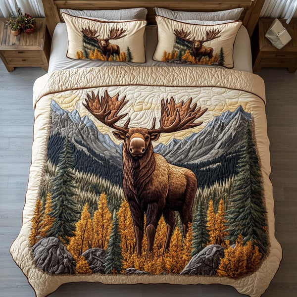 Majestic Moose quilted 3-piece bedding set on a made bed with two matching pillow shams