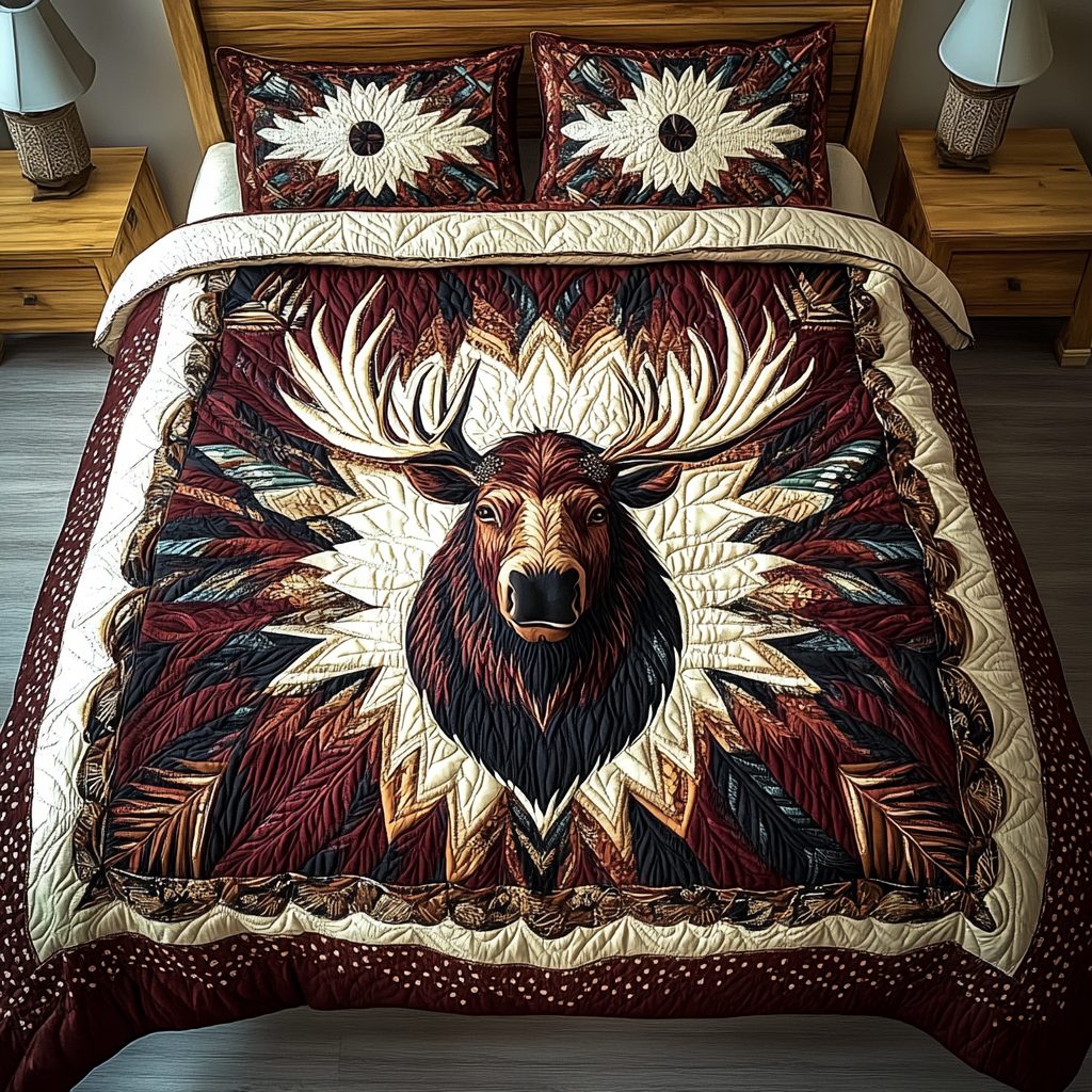 Majestic Moose quilted 3-piece bedding set on a made bed with two matching pillow shams