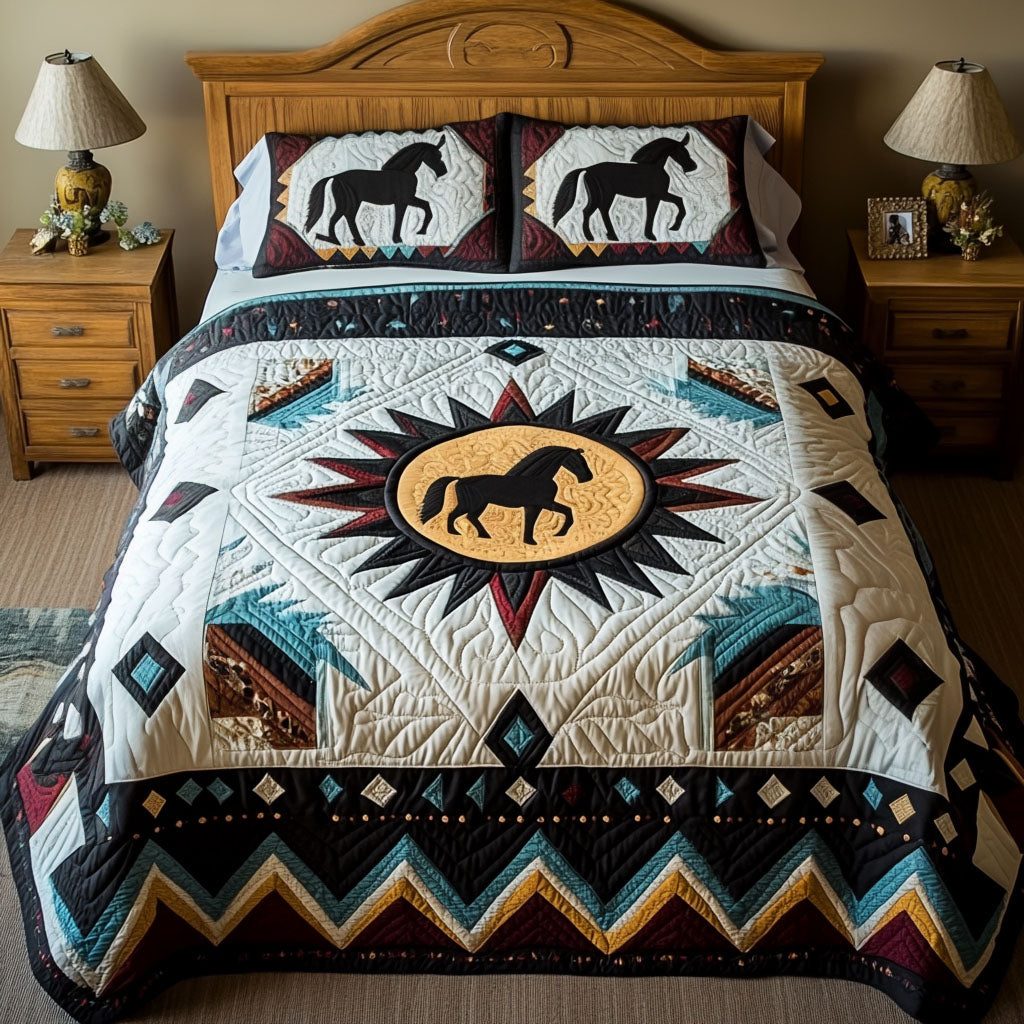 Majestic Mustang quilted 3-piece bedding set on a made bed with two matching pillow shams