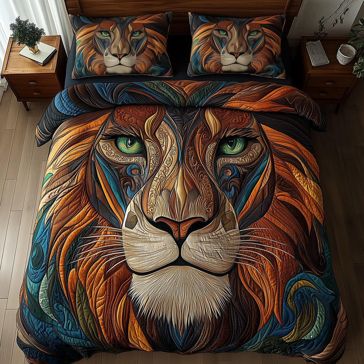 Majestic Native Lion quilted 3-piece bedding set on a made bed with two matching pillow shams