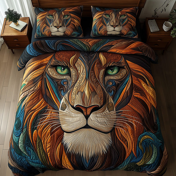 Majestic Native Lion quilted 3-piece bedding set on a made bed with two matching pillow shams