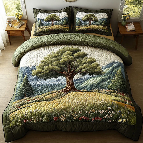 Majestic Oaks quilted 3-piece bedding set on a made bed with two matching pillow shams
