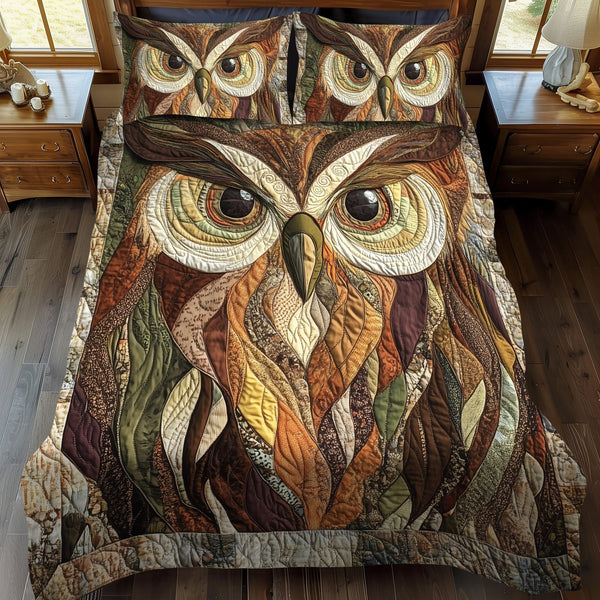 Majestic Owl quilted 3-piece bedding set on a made bed with two matching pillow shams