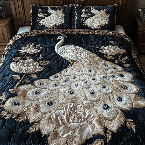 Majestic Peacock Elegance quilted 3-piece bedding set on a made bed with two matching pillow shams